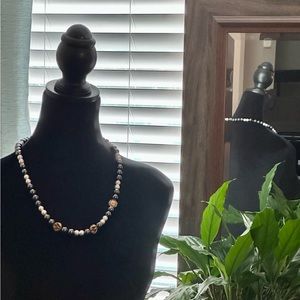 Vintage celestial Hematite stone and pearl necklace - 24” with moon/sun beads
